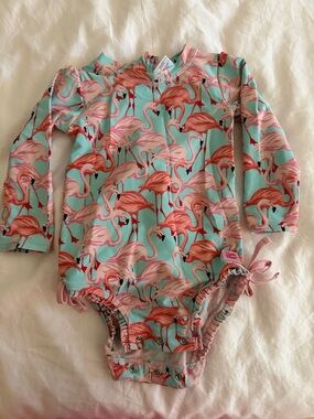 Ruffle Butts Flamingo Print One-Piece Swimsuit in Aqua and Pink